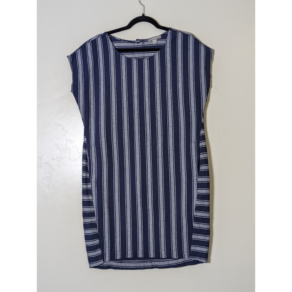 Peace & Pearls Shift Dress Womens L Blue White Striped Pockets Button Back